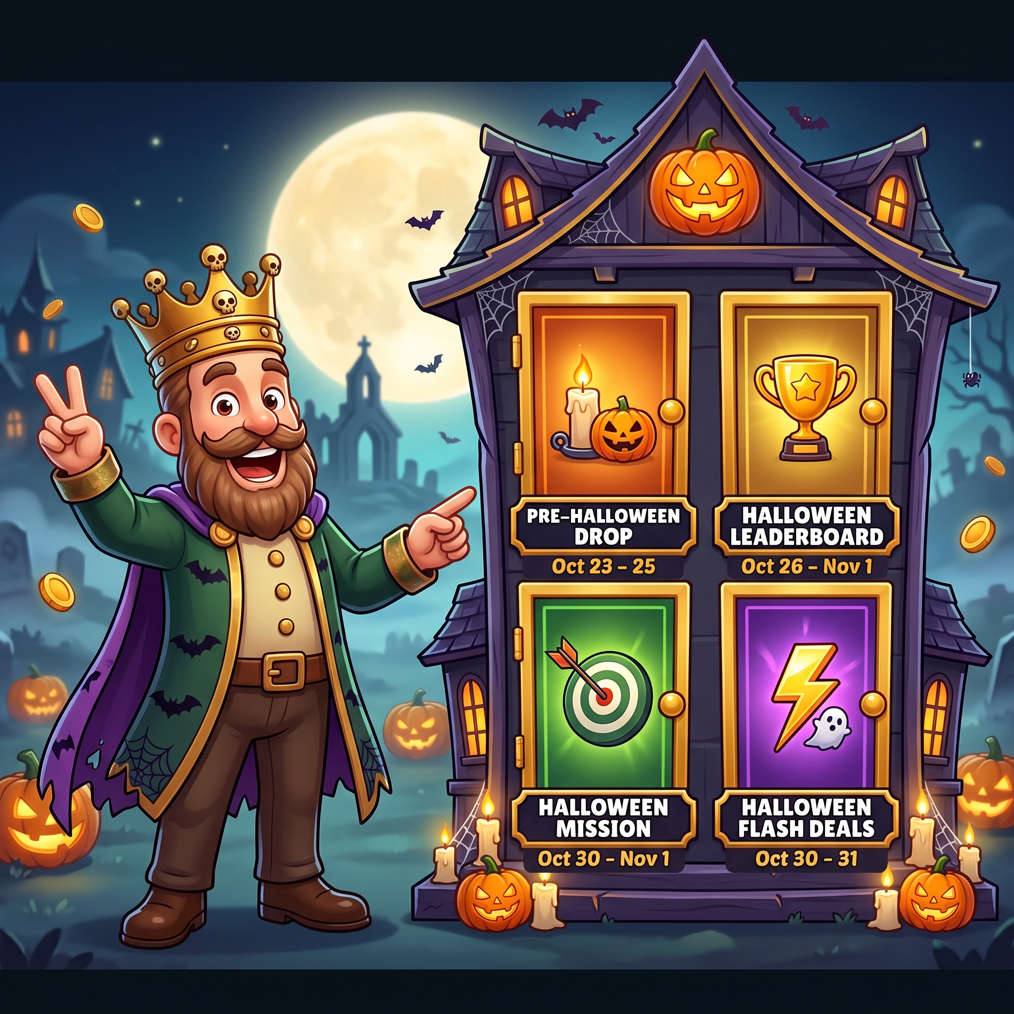 The KingPrize King points to a haunted-house advent calendar with four doors: Pre-Halloween Drop, Halloween Leaderboard, Halloween Mission and Halloween Flash Deals