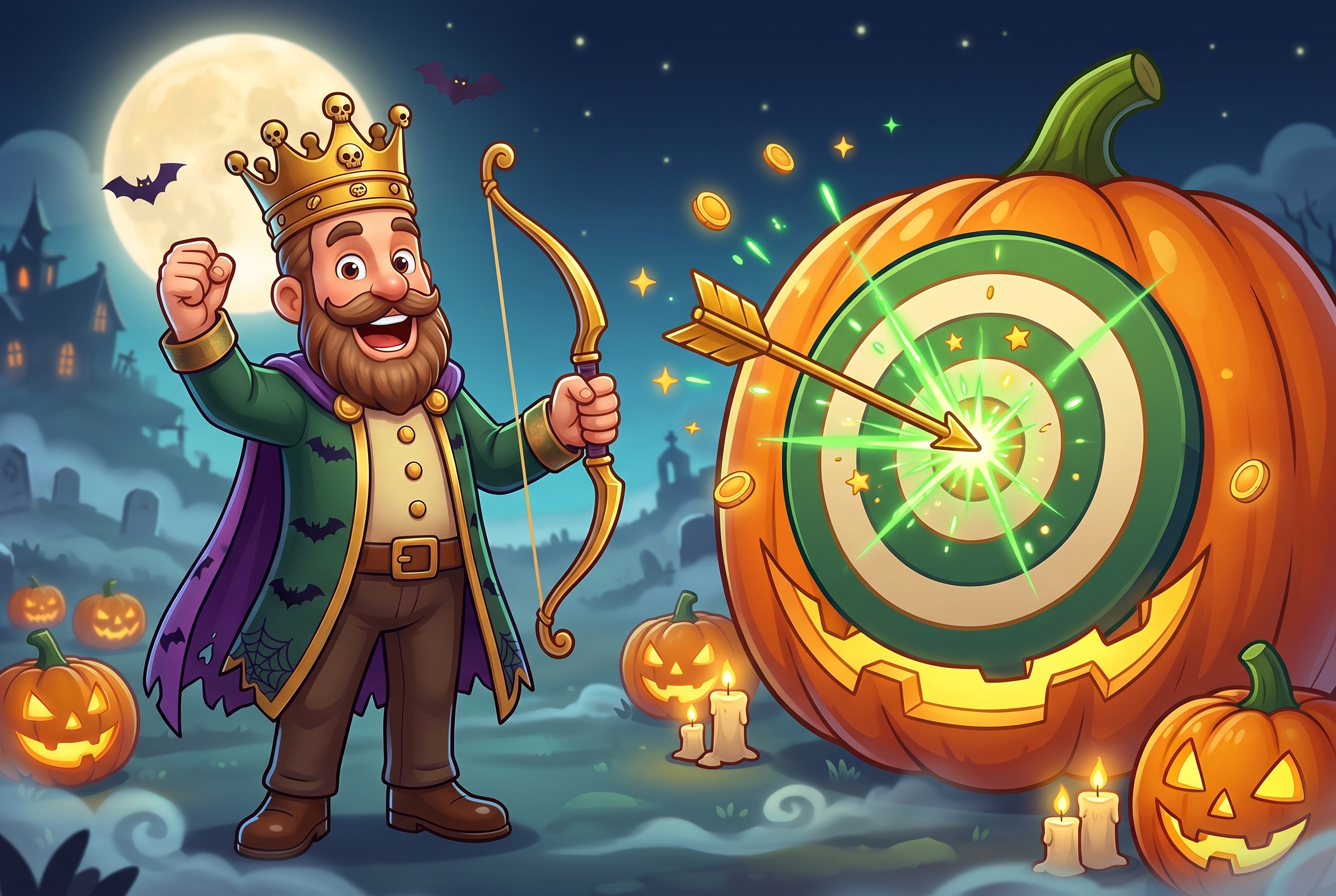 The KingPrize King hits a bullseye on a giant jack-o'-lantern with a golden arrow