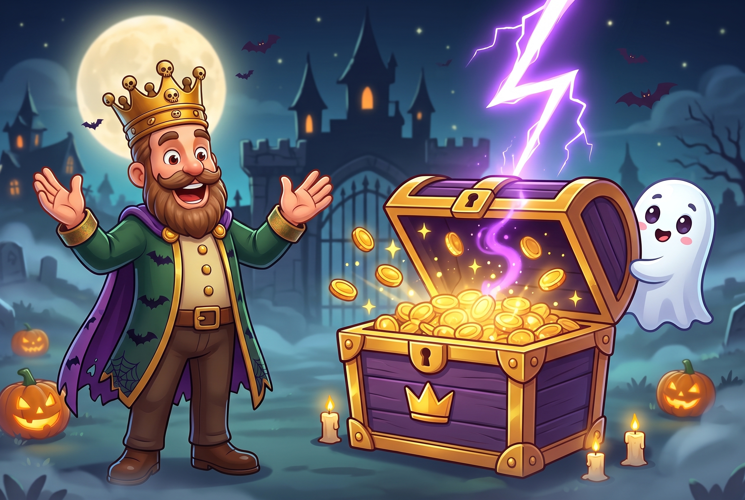 The KingPrize King opens a treasure chest as purple lightning strikes and gold coins burst out