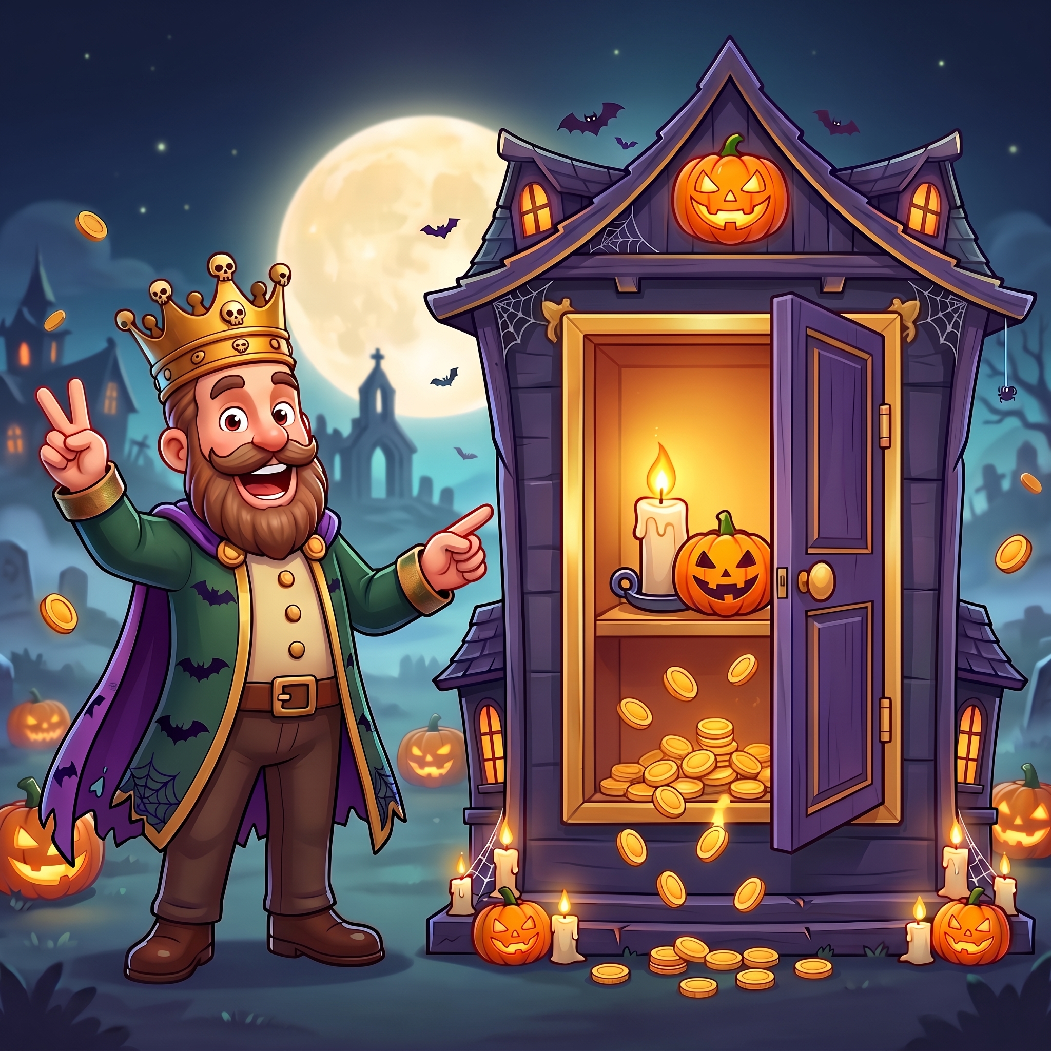 The KingPrize King waves beside a haunted-house door glowing with candlelight