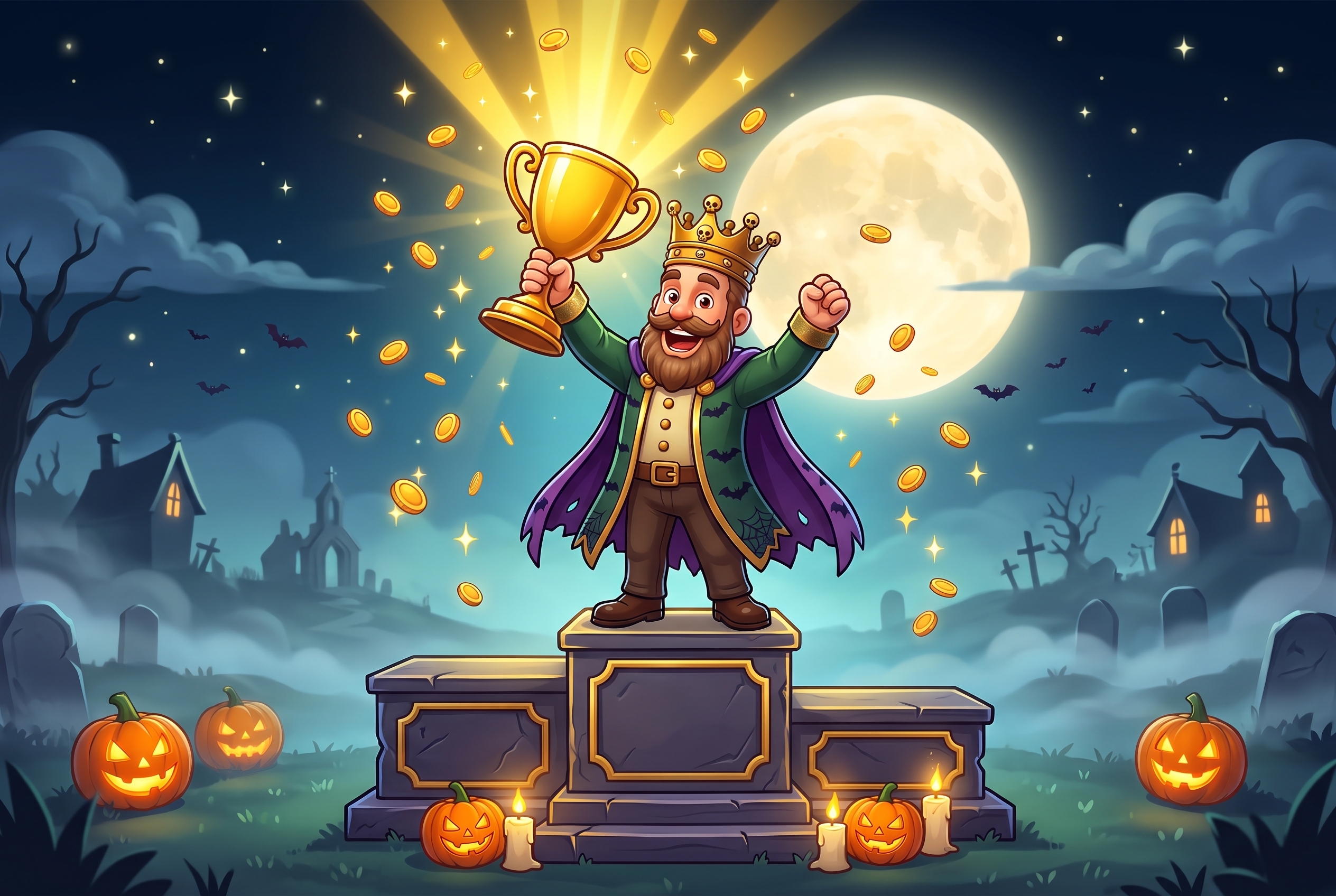 The KingPrize King stands on a podium holding a gold trophy as gold coins rain down
